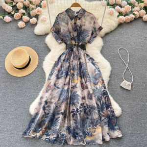 Palace Style French Minority Elegant Elegance Print Dress Womens Summer New Arrival Tight Waist Slim Looking Gentle Long Dress