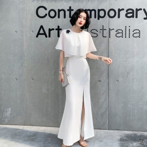 ชุดราตรีสีขาวหรูหรา ยาวคลุมเข่า เดรสยาวเซ็กซี่ ชุดราตรีสุดหรู ชุดราตรียาว ดีไซน์เก๋ไก๋สำหรับใส่ไปงานปาร์ตี้