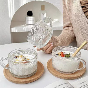 Sunflower Relief Large Capacity Oats Breakfast Bowl with Handle Spoon Glass Cup High Aesthetic Value Ins Style round Shape Bowl