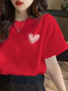 เสื้อทีเชิ้ตแขนสั้นคอลเลคชั่นใหม่ฤดูร้อนสำหรับผู้หญิงเสื้อตัวสั้นคอกลมทรงหลวมพิมพ์ลายไหล่ตรงสำหรับผู้หญิง