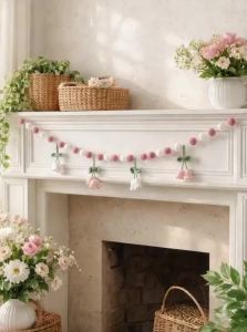 Boho Crochet Lily of the Valley Pom Garland Pink White Felt Ball Floral Banner Cute Wall Hanging for Nursery Bedroom & Party