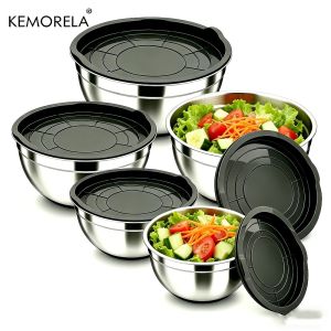 5PCS Mixing Bowls with Airtight Lids Stainless Steel Mixing Bowl Set Non-Slip Bottoms Black Kitchen Bowls Baking & Serving
