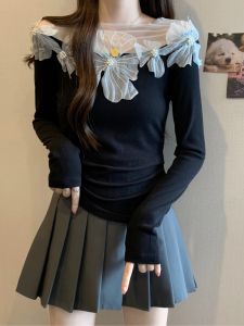 เสื้อถักแขนกุดสีดำสไตล์ฝรั่งเศส ผ้าตาข่ายตัดเย็บแบบมีโครงสร้าง 3 มิติ สำหรับผู้หญิง เสื้อผ้าทำงานฤดูใบไม้ร่วง/ฤดูหนาว แฟชั่นใหม่