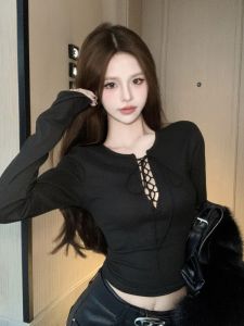 GUZILIAN | Slim Fit Long Sleeve Short T-Shirt Womens Base Layer Knot Design Casual Comfortable High-End Feeling Autumn Winter New Style