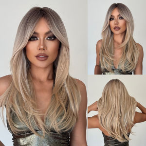 ALAN EATON Long Blonde Wigs for Women Synthetic Hair Wig with Fringe Ombre Color with Dark Roots Layered Wigs Heat Resistant
