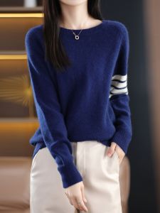Autumn Winter New Style TB round Neck Spliced Color Cashmere Women Loose Knitted Wool Base Shirt Design Sensation Color Sweater Trendy