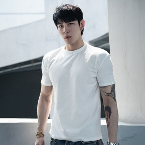 Summer New Style Mens Casual Short Sleeve round Neck T-Shirt Heavy Pure Color Square Grid American Leisure Half Zipper