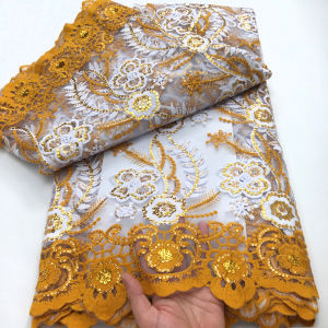 สีเหลืองผ้าไหมผ้าลูกไม้ตาข่ายผ้าเลื่อมภาษาฝรั่งเศสคําชุดเจ้าสาวเย็บปักถักร้อยลูกไม้แอฟริกันผ้า 2025 วัสดุสุทธิคุณภาพสูง A4426