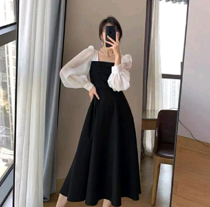 dress vinel scuba midi dress wanita korea fashion korean style