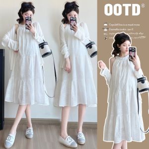 Pregnant Maternity Spring and Summer White Dress Two-Piece Set