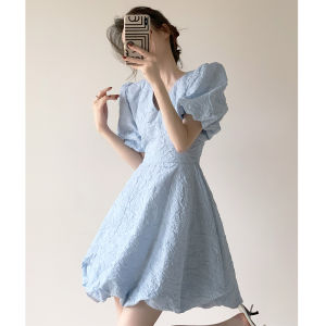 Blue French Style Puffy Sleeve Dress Summer Court Tea Break Sweet Princess Fluffy Skirt V Neck High Waist Short Sleeve a Line Skirt