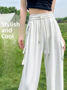 LANGPIN | High Waist Ice Silk Thin Wide Leg Pants Womens Summer Workwear Suit Trousers Loose Multiple Pockets Asymmetrical Design