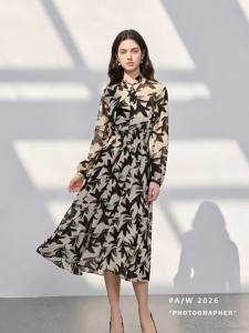 3COLOUR·S | Autumn New Arrival Printed Long Sleeve A-line Dress Set For Office Wear