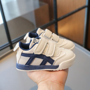 Boys Breathable Leather Surface Learning to Walk Shoes Toddler Sneakers Anti-Slip Rubber Sole Magic Tape Closure Spring Autumn