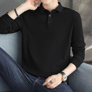 เสื้อโปโลผู้ชายเสื้อยืดคอปกแขนยาวสำหรับฤดูใบไม้ผลิเสื้อฤดูใบไม้ร่วงฤดูใบไม้ร่วงสีดำสีล้วนเสื้อตัวในใส่ด้านในมีปก