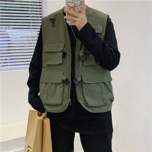 Spring Autumn Loose Male Version Multi-pocket Pure Color Functional Workwear Vest No-sleeve High-Street Tactical Vest Jacket
