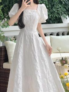 Váy Dài Tay Bồng Cổ Vuông Kiểu Pháp Cho Nữ Mùa Hè 2025 Váy Dài Xếp Ly Họa Tiết Hoa Cỡ Lớn Thanh Lịch Váy Trắng Dự Tiệc