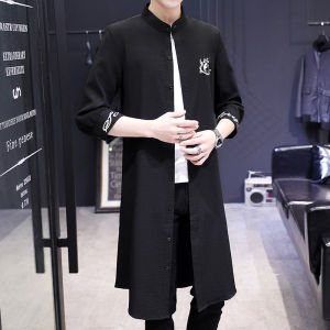 Mens Mid-Length Windbreaker Jacket Long Over-Knee Coat Hanfu Gown Half Sleeve Cardigan Ethnic Style Summer Casual Wear