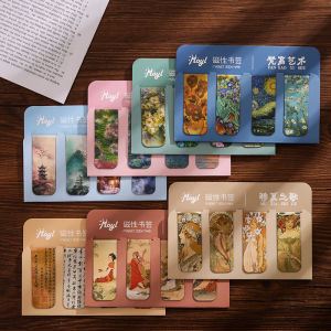 Chinese Style Magnetic Bookmark Suit 4 Pieces into Creative World-Famous Painting Retro Style Monet Van Gogh Moxia Student Double-Sided Artistic Classical Exquisite Reading Book Holder Souvenir Gift Refridgerator Magnets