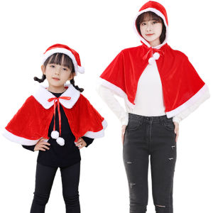 Christmas Parent Child Shawl With Hat Hooded Adult Female Red Gold Velvet Chinese New Year Festival 2025 Style Santa Claus