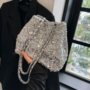 Fashionable Bucket Bag Womens Crossbody Bag Sparkling Chain Link Design Versatile Stylish Mini Bag Casual Magnetic Clasp Closure