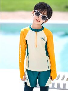 Quick Dry Childrens Swimming Suit Long Sleeve Separate Pants Boys Swimwear Comfortable Polyester Fabric Age 7-13 Kids Clothing