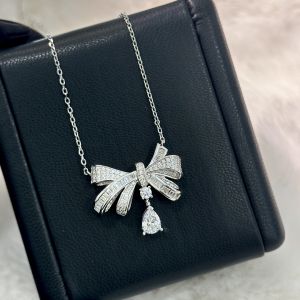 Thời Trang Nữ Vòng Cổ Cao Cấp S925 Bạc Hình Giọt Nước Nơ Mặt Dây Chuyền Đầy Kim Cương Dễ Thương Lãng Mạn Quà Tặng Ngày Lễ Tình Nhân