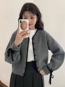 Womens French Retro High-End Knit Open Cardigan Early Autumn Outerwear Short-Sleeved Sweater for Ladies Tweed Style