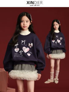 เสื้อสเวตเตอร์คอตั้งหนาสีแดงสำหรับเด็กผู้หญิง เสื้อคลุมกันหนาวแบบสวมหัว ทรงหลวม แขนยาว ทรงหลวม ฤดูใบไม้ร่วง/ฤดูหนาว