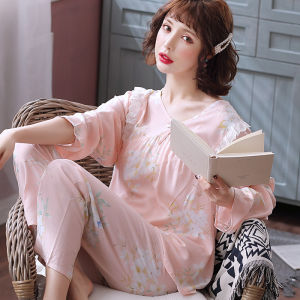 Spring Autumn New Style Womens Silk Cotton Sleepwear Summer Thin Long Sleeve Home Clothes Set Air Conditioner Suit Sweet Style Printed