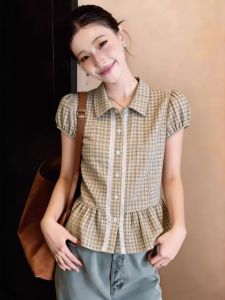 Áo Sơ Mi Nữ Cổ Polo Họa Tiết Carô Viền Ren Tay Ngắn