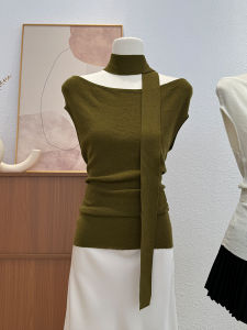 Knit Sleeveless T-Shirt Women Summer New Style High-End Feel One-Shoulder Hanging Neck Unique Beautiful Top Korean Style Commute Pure Color