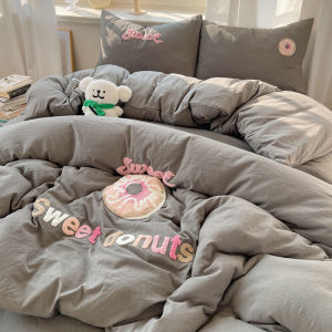 Simple Washed Cotton 1.8m Bedding Set Cute Towel Embroidery Four-Piece Student Duvet Cover Three-Piece Sheet Set Grey Doughnut