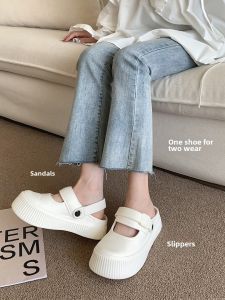 Thin Stripe K-style Fashion All-Match Mary Jane White Shoes Womens Summer Outdoor Non-Slip Two-Way Closed Toe Sandals