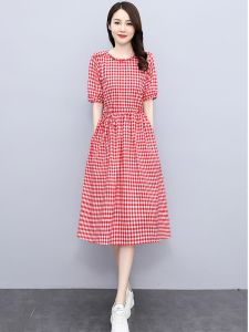 ชุดเดรสยาวปานกลางผ้าฝ้ายลินินสไตล์เกาหลี ทรงเอ แขนสั้น ทรงเข้ารูป ลายสก็อต สำหรับผู้หญิง ชุดทำงานฤดูร้อน 2024