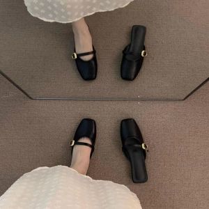 Retro Versatile Womens Slip-On Fairy Single Shoes Soft Bottom Flat Heel Casual Fashionable Peep-Toe Half Slippers