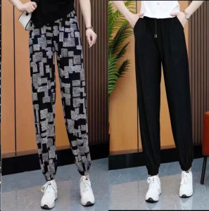 ผ้าไหมน้ําแข็งแห้งเร็วมาพร้อมกับข้อเท้ายาวกางเกงกีฬาลําลองสําหรับผู้หญิงฤดูร้อนหลวมพอดีผ้าหิมะเก้าจุดพิมพ์เย็นกางเกงป้องกันยุงและแสงแดด