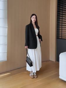 LD | Váy Midi Dáng A Cao Cổ Phong Cách Pháp Elegance Mới cho Nữ Mùa Hè Thu Màu Trắng