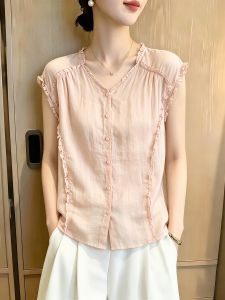 SHUAIYUE | Áo Sơ Mi Nữ Dáng Rộng Tay Ngắn Cổ V Viền Ren