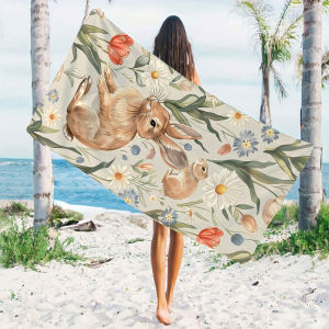 Bunny Floral Print Quick Drying Microfiber Beach Towel Lightweight for Swimming Camping Yoga - Bath Towel