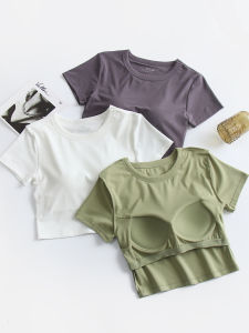 New Round Neck Sports Bra with Chest Pad Short Sleeve Womens High Waist Short Top for Yoga Summer Base Layer