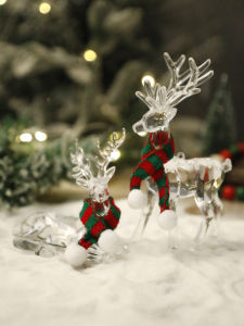 Crystal Christmas Reindeer Ornaments Transparent Deer Figurines with Plaid Scarf Festive Home Decor for Xmas Tree & Desktop Gift
