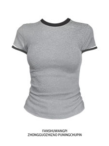 Slim Fit Short Sleeve T-Shirt Womens Summer Waist Cinching Trendy Girl Tightening Slimming Top round Neck Pullover Regular Length