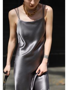 Glossy Satin Slim Fit Midi Dress with Side Slit And Back Cross Design Commute Style High Waist A-Line Skirt V-Neck Long Sleeve