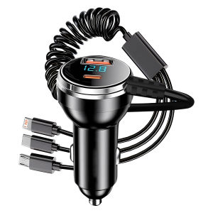 Bộ Sạc Ô Tô 2 Cổng USB Có Màn Hình Hiển Thị Điện Áp Sạc Nhanh Cáp Thu Gọn Thiết Kế 5 Trong 1 Dành Cho Điện Thoại Và Thiết Bị