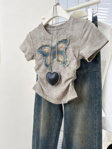 Áo Thun Tay Ngắn Cổ Chữ V in Họa Tiết Bướm Phong Cách Retro Mỹ Cho Nữ Mùa Hè Thiết Kế Gấp Gọn Eo Ngắn