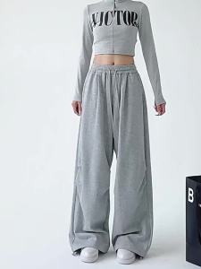 Quần Jogger Thể Thao Nữ Ống Rộng Cạp Cao Dây Rút Phong Cách Harajuku Y2K Màu Xám Kiểu Dáng Rộng Rãi Thời Trang Đường Phố