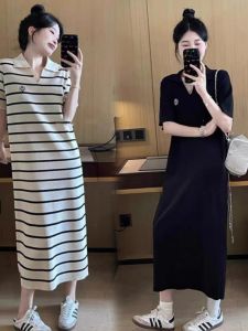Maternity Nursing Dress V-Neck Striped Knitted Long Summer New Style Fashionable Knee-Length Dresses for Postpartum Women