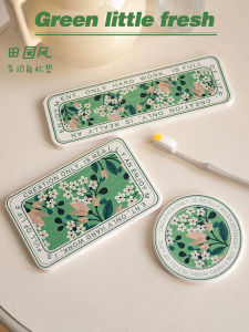 Green Garden Set Premium Lightweight Absorbent Water-Proof Non-Slip Silicone Cup Mat for Bathroom Vanity Desk French Style Square