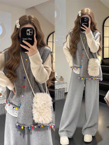 XUECAIQI | Irregular Knitted Vest Lace Splicing Base Shirt Leisure Pants Winter Set